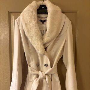 Adrienne Vittadini Winter White Wool & Fur Belted Waist Coat